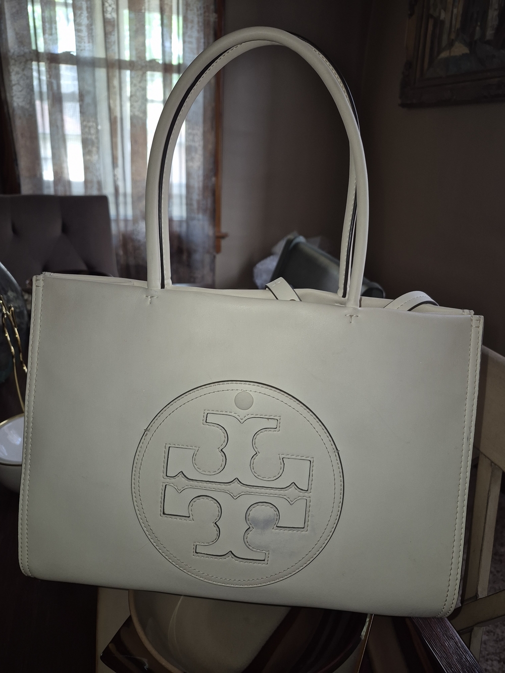 Tory Burch Cream Leather Logo Tote